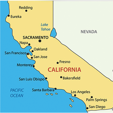 A map of California. With these cities listed, Redding, Eureka, Lake Tahoe, Sacramento, Napa, Oakland, San Francisco, San Jose, Monterey, Fresno, San Luis Obispo, Bakersfield, Santa Barbara, Los Angles, Palm Springs and San Diego 